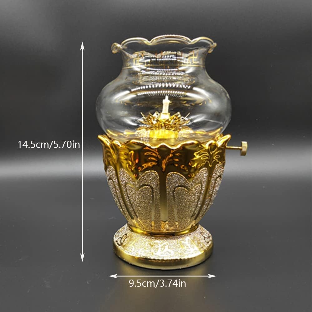 Buddhist Hall Exquisite Ghee Lamp Gold Lotus Alloy Kerosene Lamp Before Buddha Craft Oil Lamp Indoor Transparent Lampshade Hurricane Lamp for Bedroom Restaurant Office Dining Room