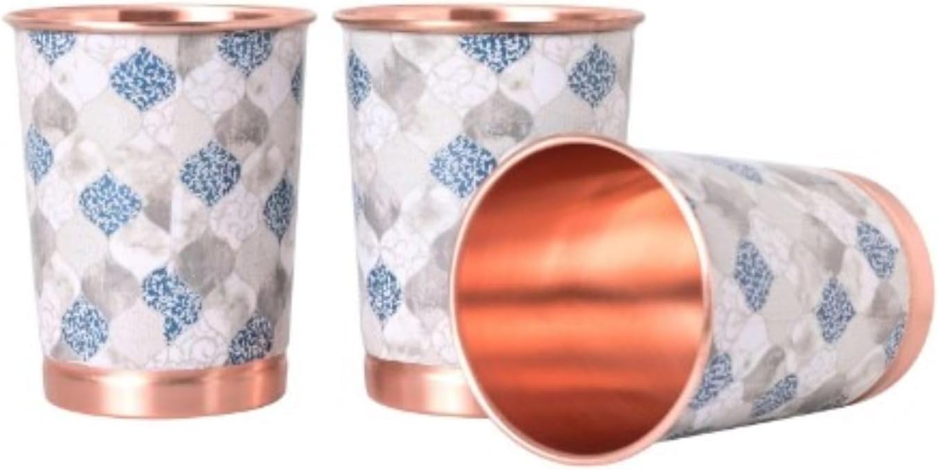 jewellary hub Pure Copper Printed Design Water Glass | Drinking Serving Water Utensils | Drinkware Tumbler with Ayurvedic Health Benefits (Copper, 02 Glass)