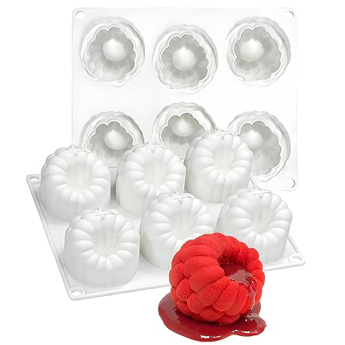 6-Cavity Raspberry Silicone Molds for Mousse Cake, Large Fluted Design, White