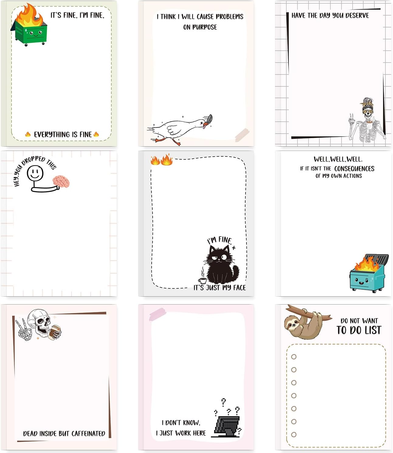 Funny Sticky Notes Gifts - 9 Pack Fun Everything is Fine Memo Pads Work Gifts for Work 3x4 Inch, Sarcastic Self-Stick Notepads Office Study Supplies for Coworkers (450 Sheets)