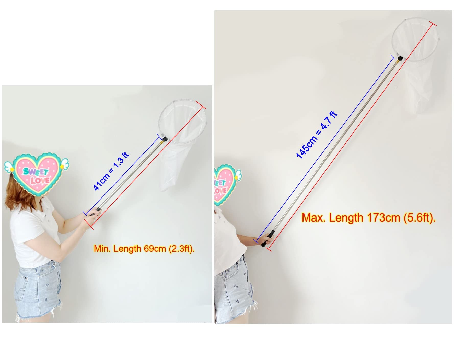 JZK 150cm Long Manche Filet de pêche Extensible pour Enfants avec Manche télescopique pour étang et Piscine Roche, Filet Receveur pour Insecte, Filet crabes, Filet Papillons, epuisette Enfant
