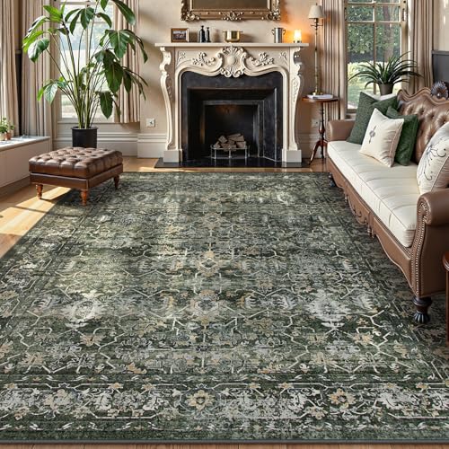 Lahome Boho Green 8x10 Area Rugs Living Room Rugs,Washable Bedroom Rug 8x10 Under Bed,Distressed Soft Non Slip Low Pile Indoor Dining Room Rug for Home Office Playroom(8'x10',Green)