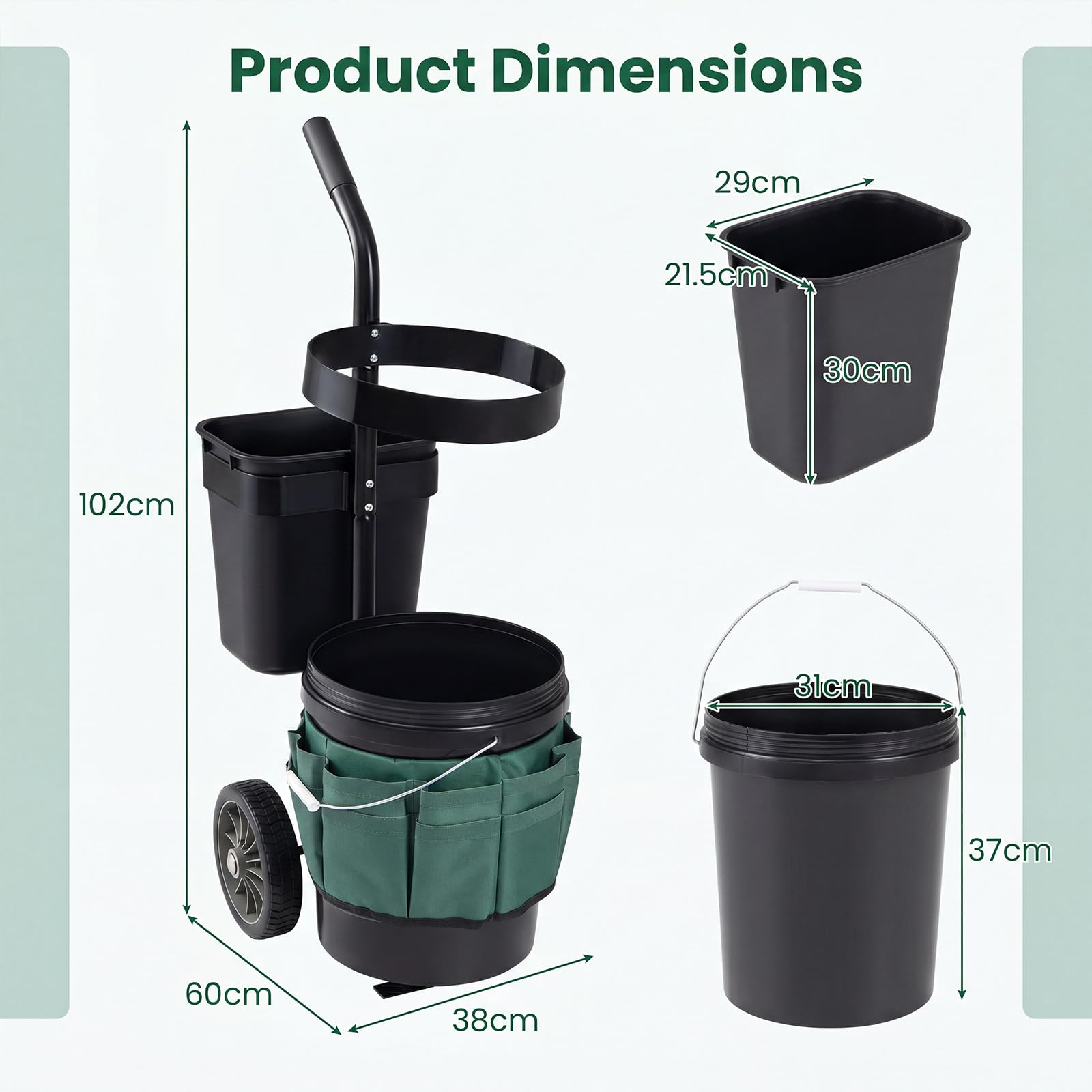 HOMASIS Carrello da Giardino 30L in Metallo per Giardinaggio e Pulizia | Secchio, Bidone e Tasche, 2 Ruote Porta Utensili e Foglie, Carrellino Verticale per Cortile e Terrazza