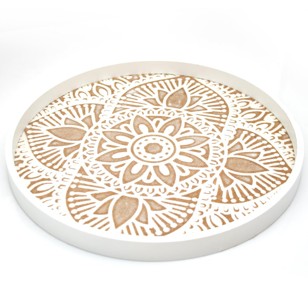 Rústico Bandeja de Madera para Servir 30CM Bandejas Decorativas Centro de Mesa Redondo Decoracion Portavelas de Bandejas Otomanas Cocina Salón Platos Decor de Navidad Platos de Mesa Color Blanco