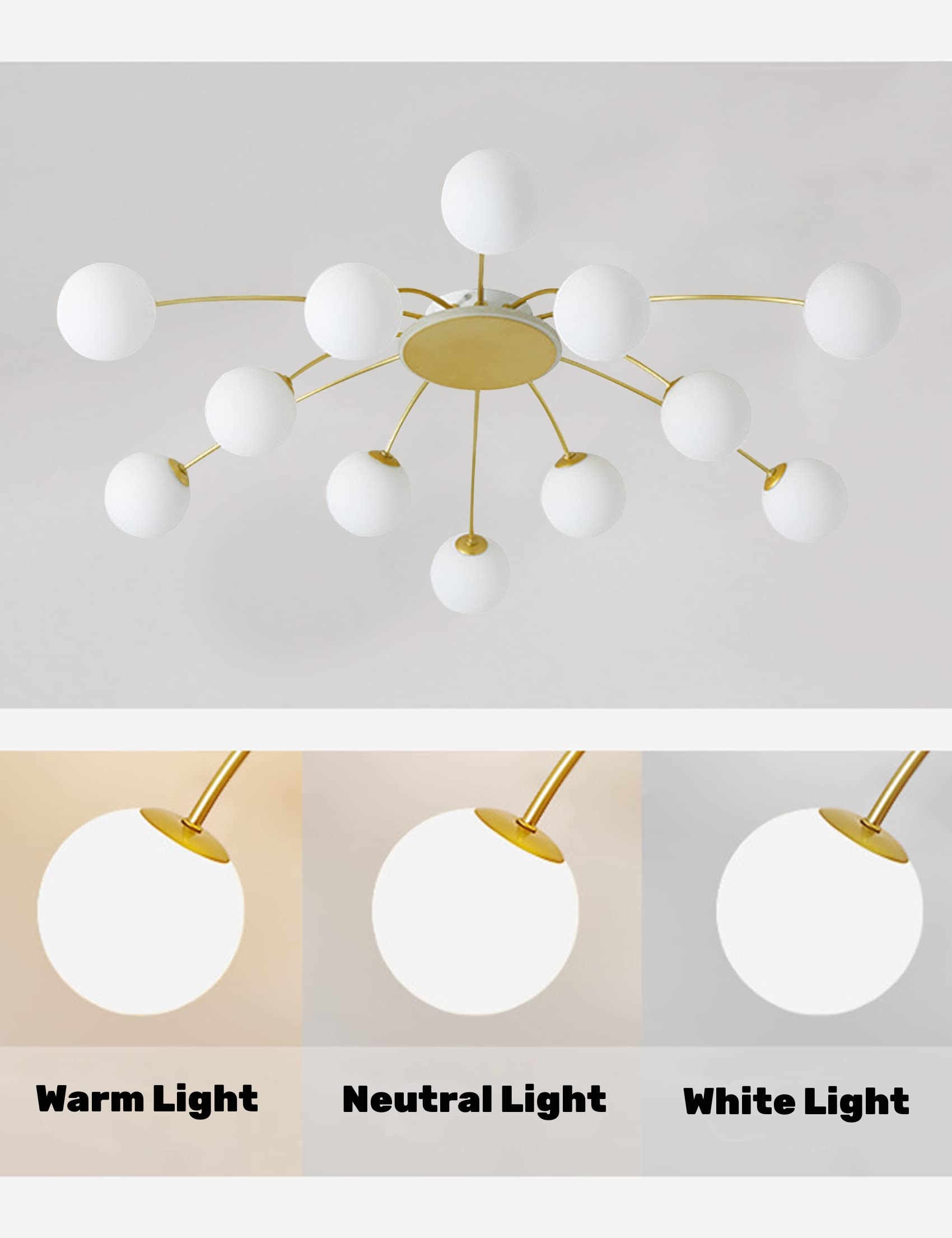Lampadario Sputnik, Lampada da Soffitto Sputnik, Lampadario a Sospensione Oro 12 Luci, Lampada a Sospensione Moderno con Paralume Sfera in Vetro Bianco per Soggiorno Cameretta