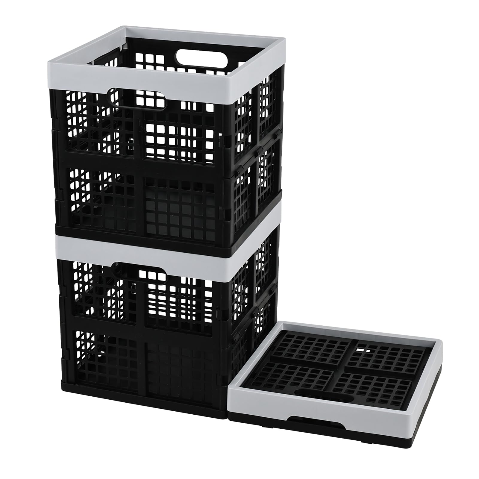 Jnktka Collapsible Plastic Crate, 18 L, Square, Black, 3 Pack