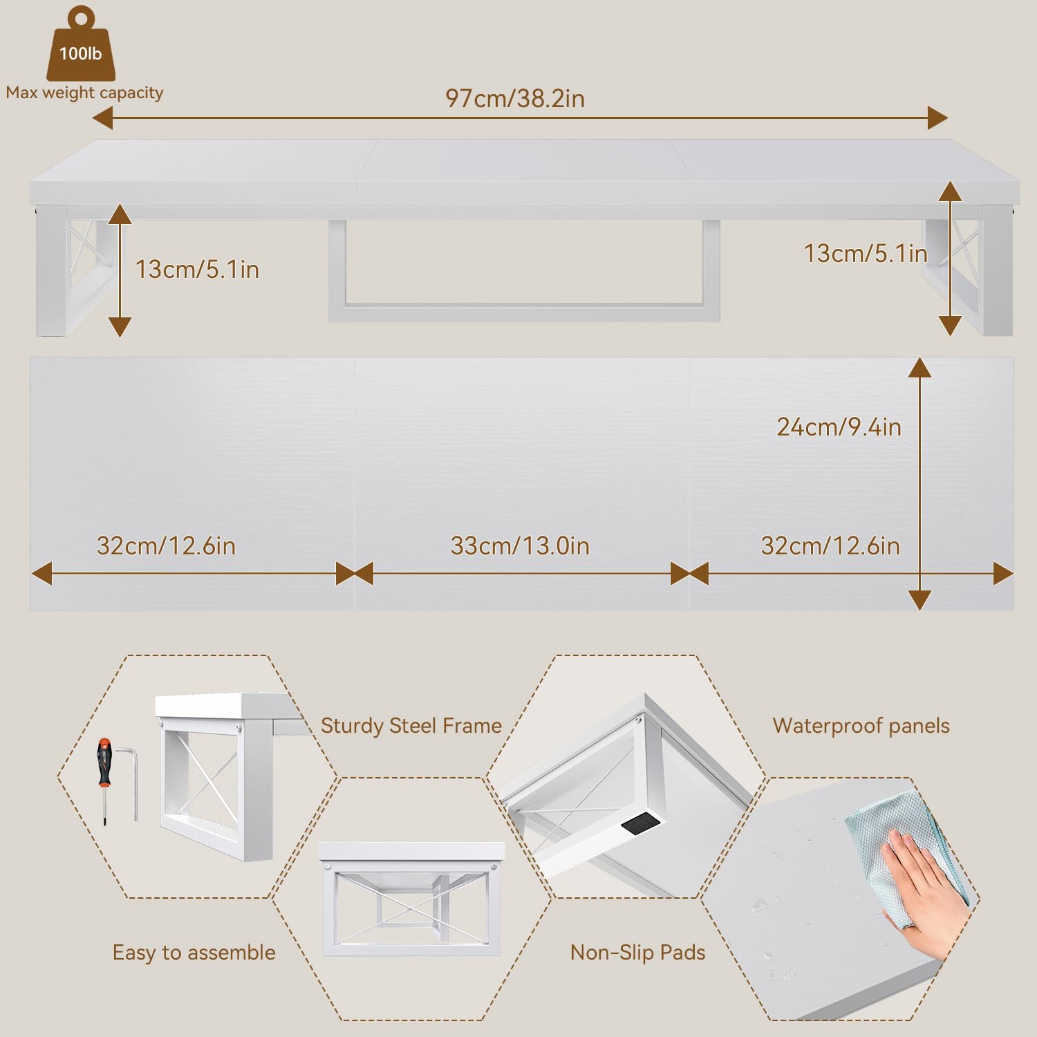 IBUYKE Support pour Double écran Moniteur, Support de Bureau en Bois de 97 cm, Bureau avec Double écran, Adapté aux PC, Imprimantes, Ordinateurs Portables, TV, Blanc TDJ002