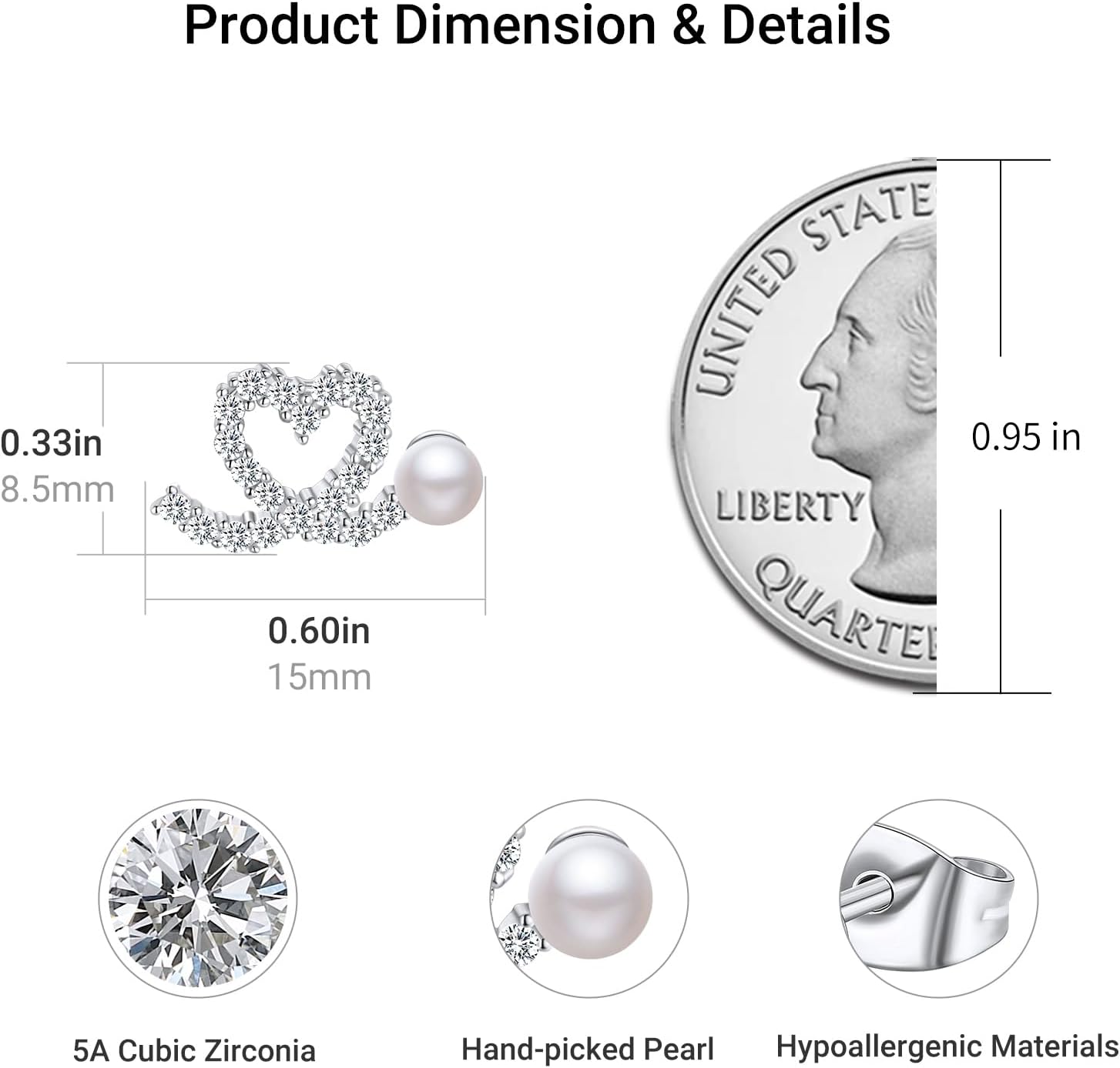 Pearl Love Heart Stud Earrings for Women, 18K White Gold Plated Cubic Zirconia Forever Earrings With Sterling Sliver Pin - Image 3