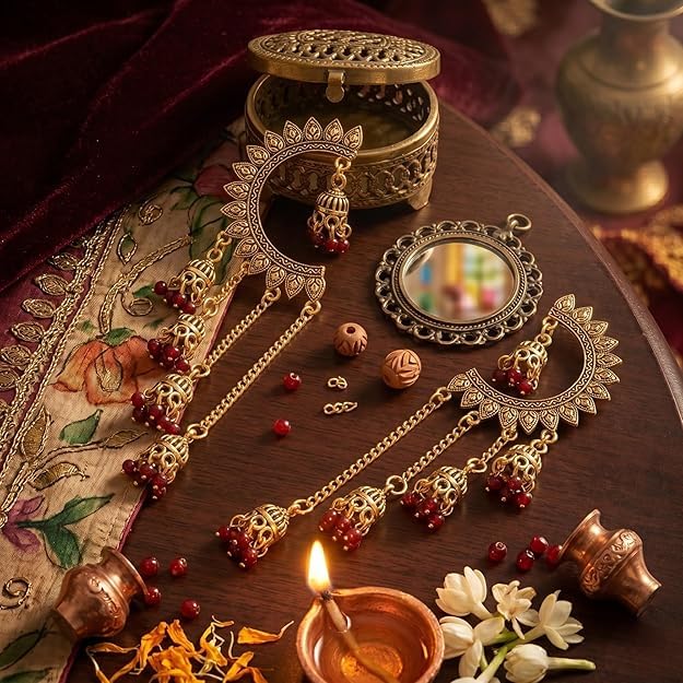 Image of WORLD CRAZE Multicolour long kashmiri jhumka for women chandbali earrings chand baliyan | kashmiri earrings for women | bahubali earrings stylish | Traditional Indian Festive Jewelry | Long Chain Tassels | Pearl Drop Latkan Jewellery (Multi colour)