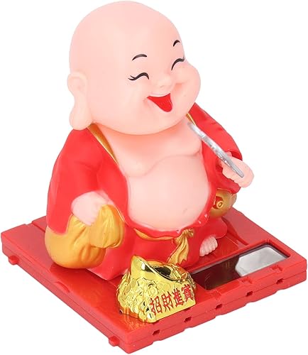Jeanoko Buddha Figurine, Energy Saving Auspicious Smiling Eyes Solar Power Monk Car Ornaments Auto Shaking Hand for Gifts(S, Red)