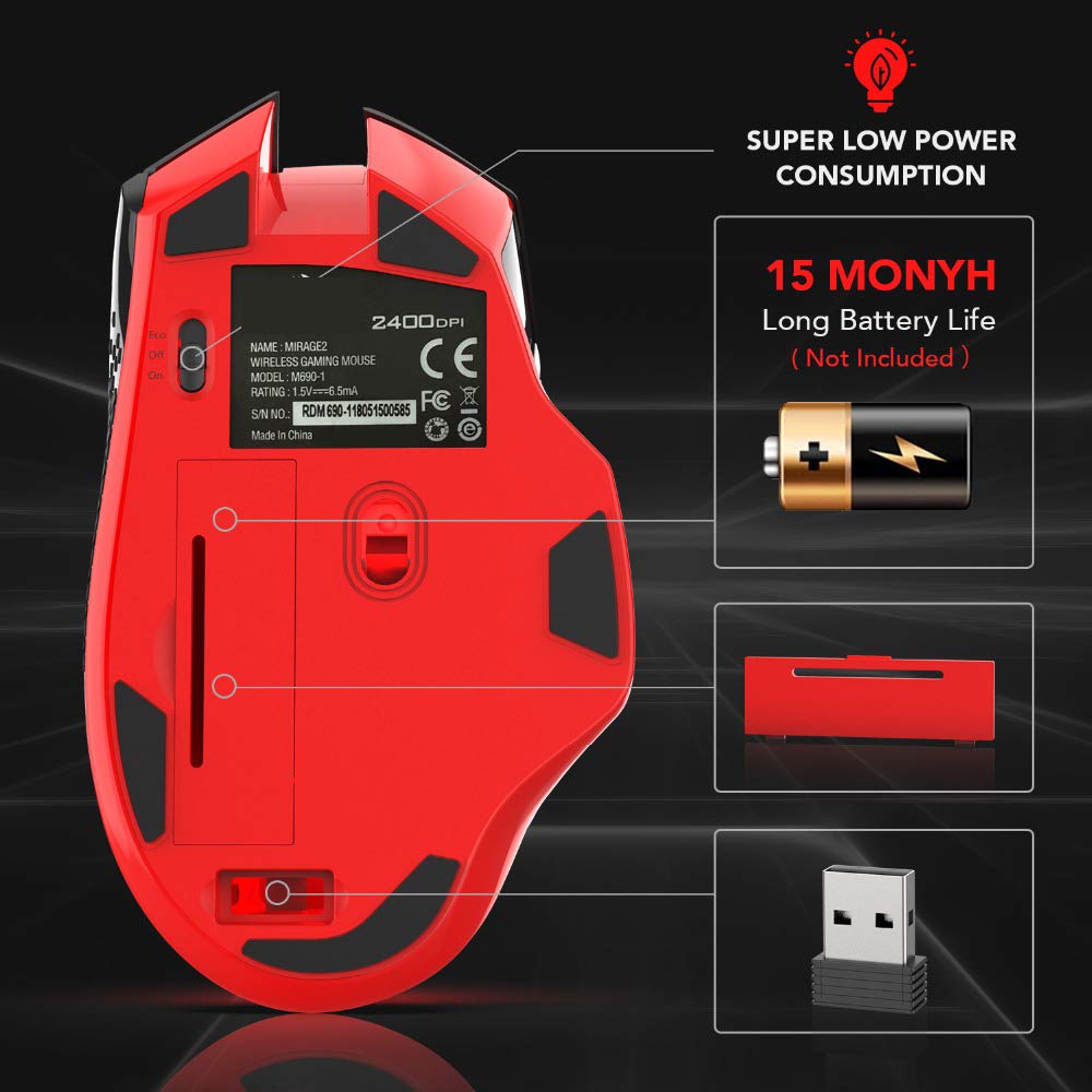 Yanghao Wireless Gaming Mouse RGB, 2400 DPI e 8 Pulsanti programmabili, ergonomico ad Alta precisione Gaming Mouse usati per i Giochi e L'Ufficio