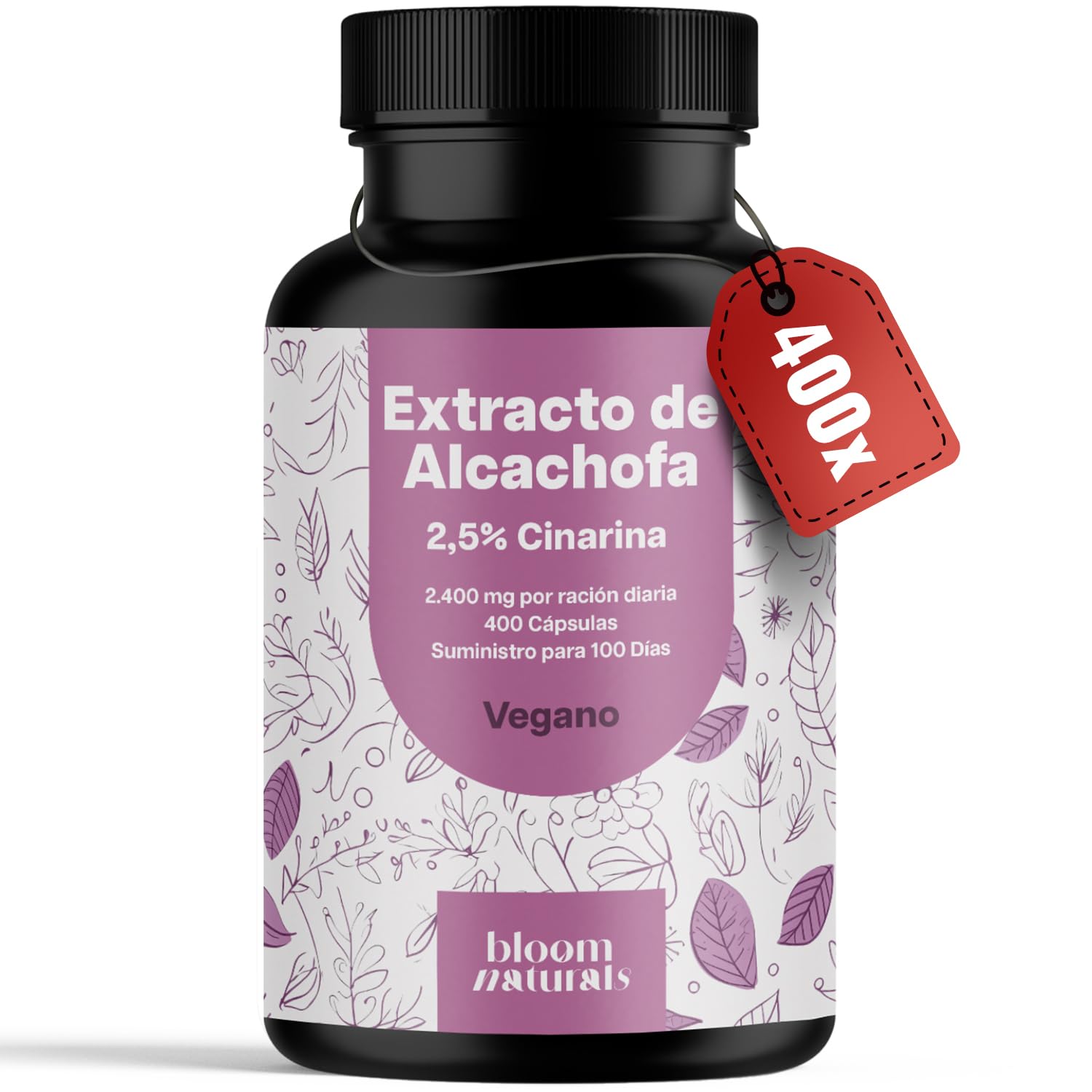 Extracto de Alcachofa – 400 Cápsulas – 2.400 mg por Ración Diaria – 2,5% Cinarina – Vegano – Producido en Alemania – Analizado en Laboratorio – Alcachofa capsulas