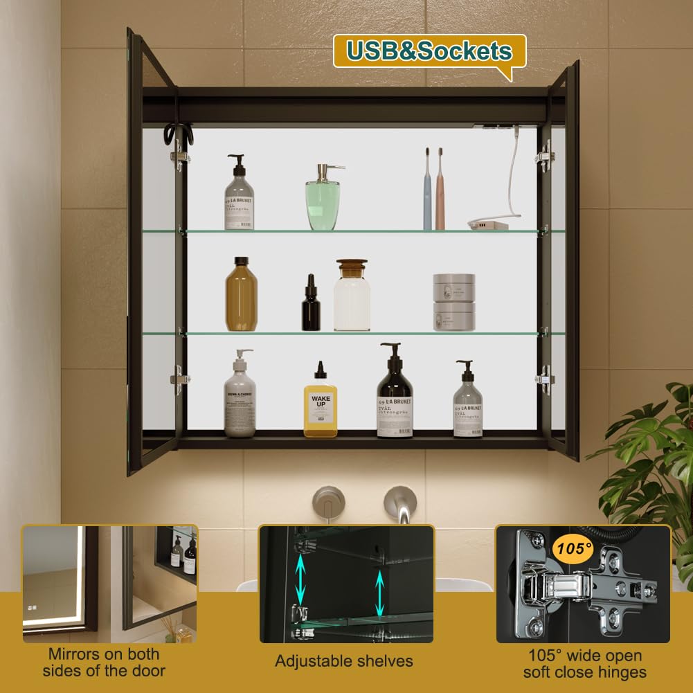 KWW LED éclairage Salle de Bains Armoire à Pharmacie avec Miroir, Température de Couleur réGlable, Anti - Buée, Prise et USB, Armoire à Pharmacie (Luminescence intérieure-2 portes-75×70)