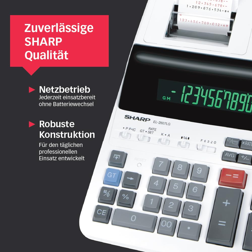 Sharp EL-2607LG Druckender Tischrechner 12-stellig, LCD Display, Heavy-Duty-Druckwerk, Tax/Währung, Schwarz/Rot Druck, Netzanschluss, Weiß