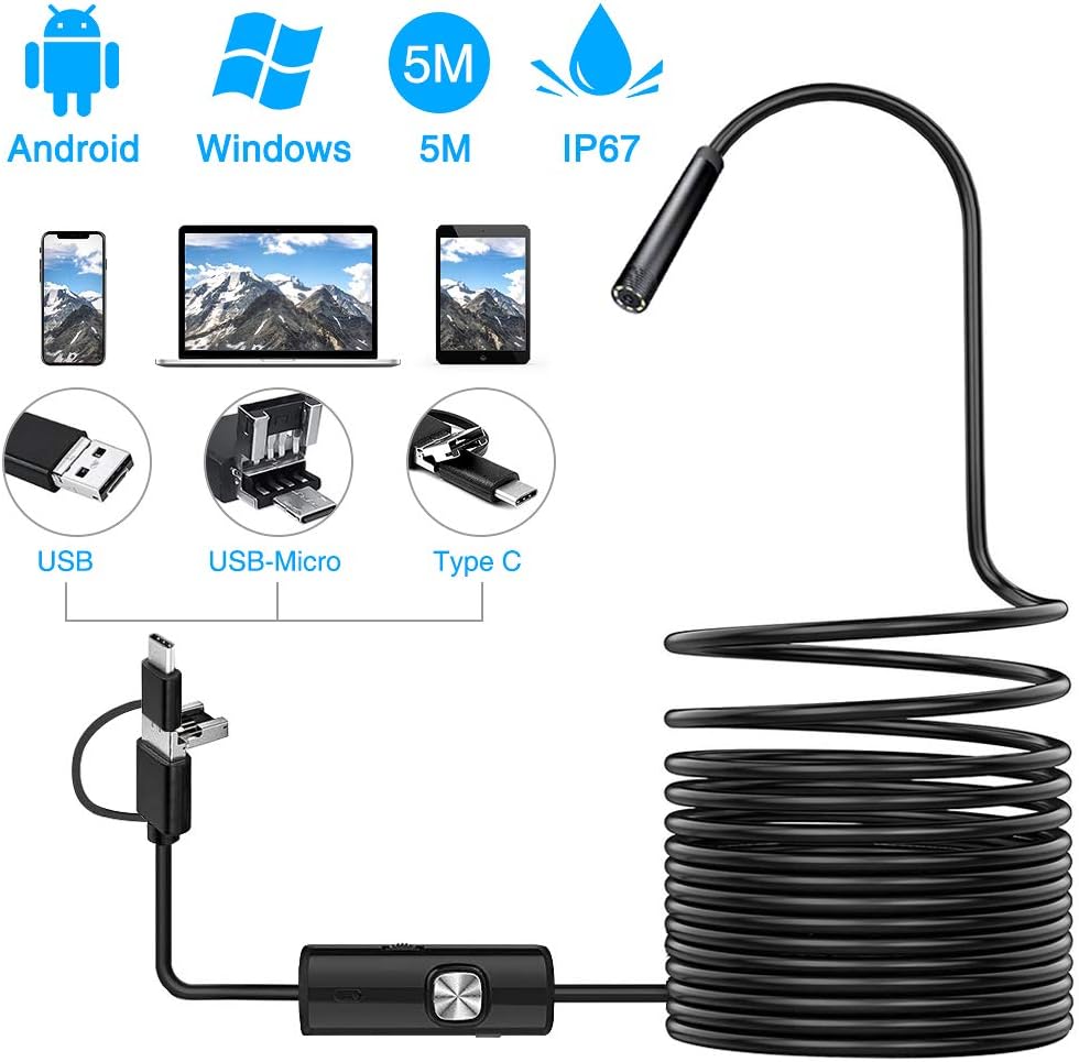 Endoscope Android 3 in 1 USB/Micro USB/Type-C USB Endoscope Inspection Camera 2.0 Megapixels HD Waterproof Semi-rigid Cable Endoscope Camera for Android/Windows/Macbook OS Computer -16.4ft