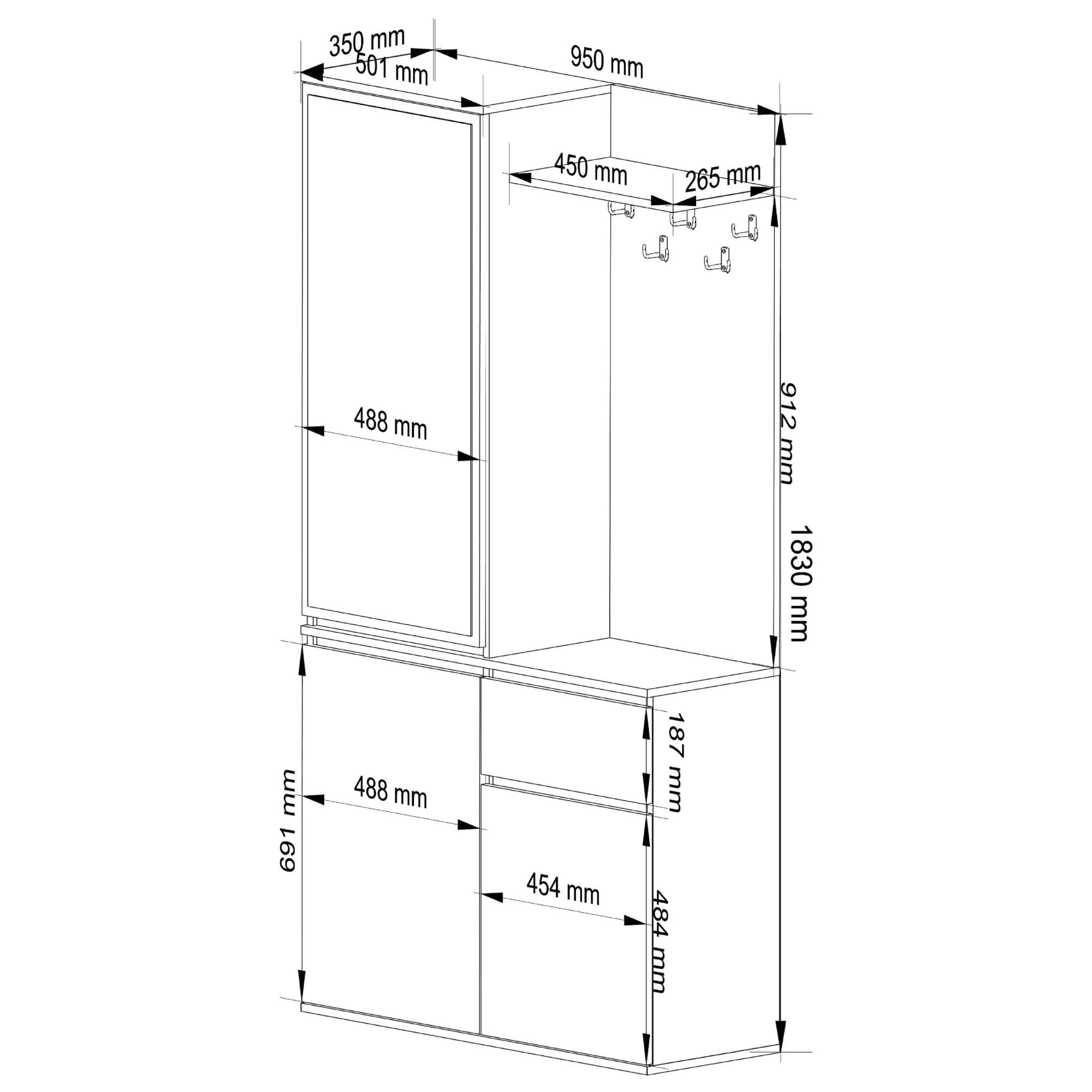 AKORD Garderoben-Set ENTRO Schwarz 95 cm Kompaktgarderobe Schmaler Flur 3 Türen 1 Schublade 7 Regalböden Industrial Stil Schwarz & Craft-Eiche
