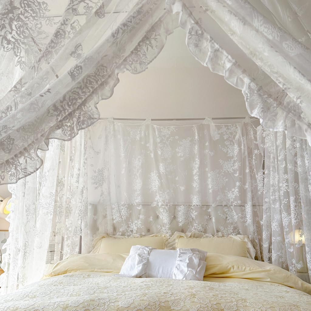 Elegant Lace Princess 4-Poster Bed Canopy Romantic Mosquito Net for Wedding Bridal Bedroom Decor, Kids Room Bed Curtain with Top Cover for Women Adults (White-1, 59" W x 78" L)