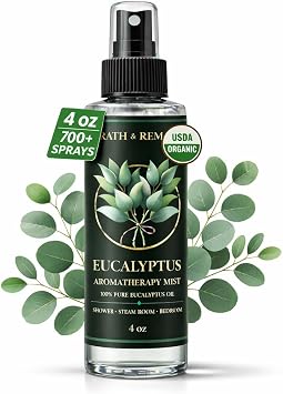 Eucalyptus Shower Spray Aromatherapy 700+ Sprays, USDA Organic 100% Pure Eucalyptus Essential Oil Spray Mist for Spa Shower, Steam, Sauna & Linen Bedsheet Premium & Travel Size 4 oz, Made in USA