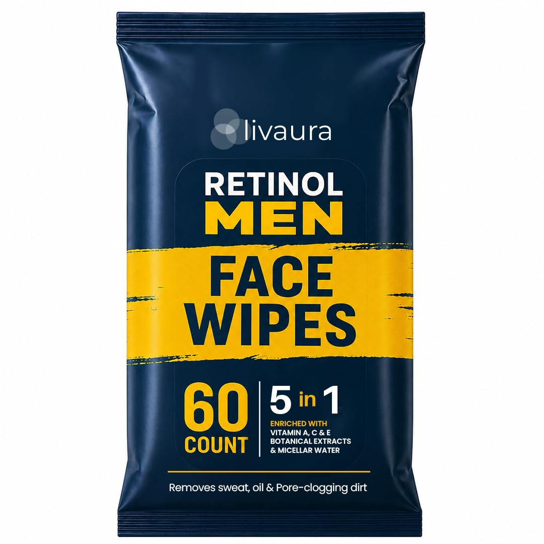 LIVAURA Retinol Men Facial Wipes Anti-Aging Cleansing Towelettes - Szybko Oczyszczają Twarz Z Potu, Oleju I Brudu Zatykającego Pory Bez Żadnych Ciężkich Pozostałości (60 Sztuk (1 Opakowanie))