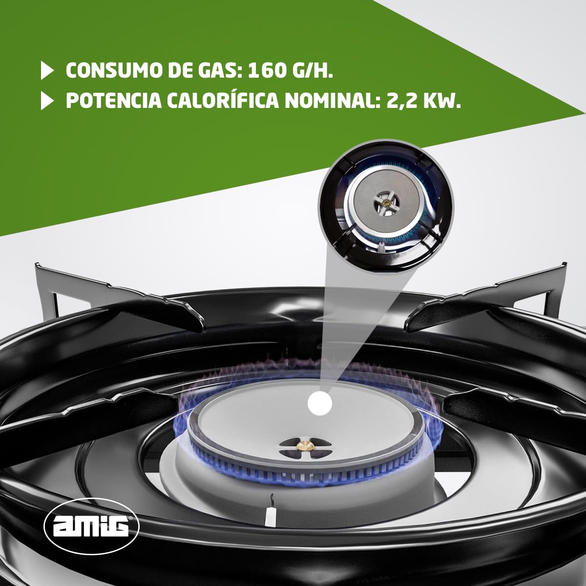 Amig - Hornillo Camping Gas - Cocina Portátil Camp01-2,2 kW Potencia - Parabrisas y Soporte Sartén - Certificación CE - Compatible Botellas CP 250 (No incluída) - Excursiones - Acero Inoxidable