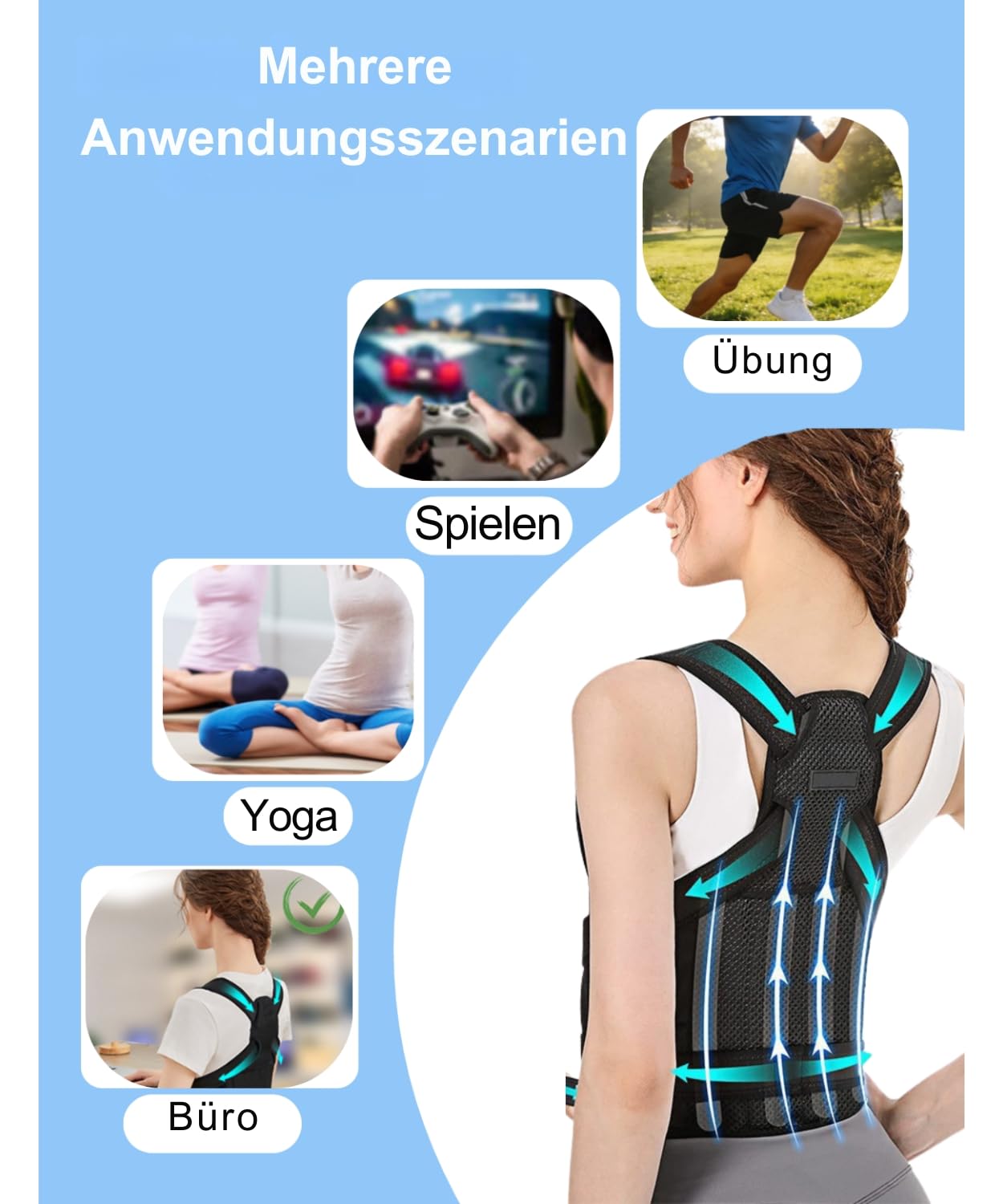Rücken Geradehalter,Haltungskorrektur für Damen und Herren, 2-in-1-Rückenstütze, leichter und flexibler Schultergeraderichter für Yoga,Office, Gym, Desk Work, tragbare Orthese
