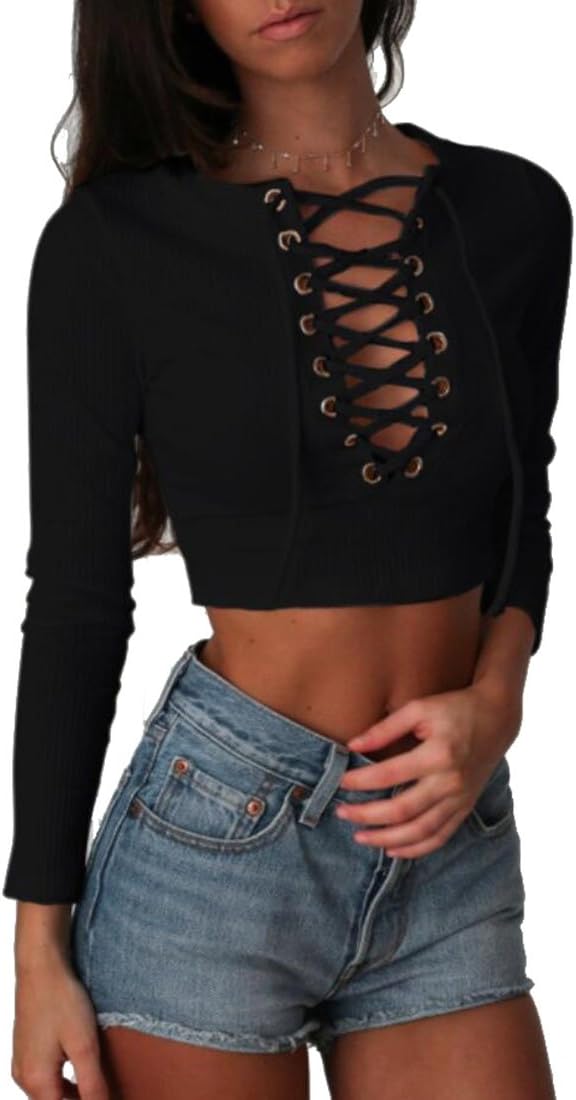 Ellie Hebe Women's Long Sleeve Crop Top Lace up Tee