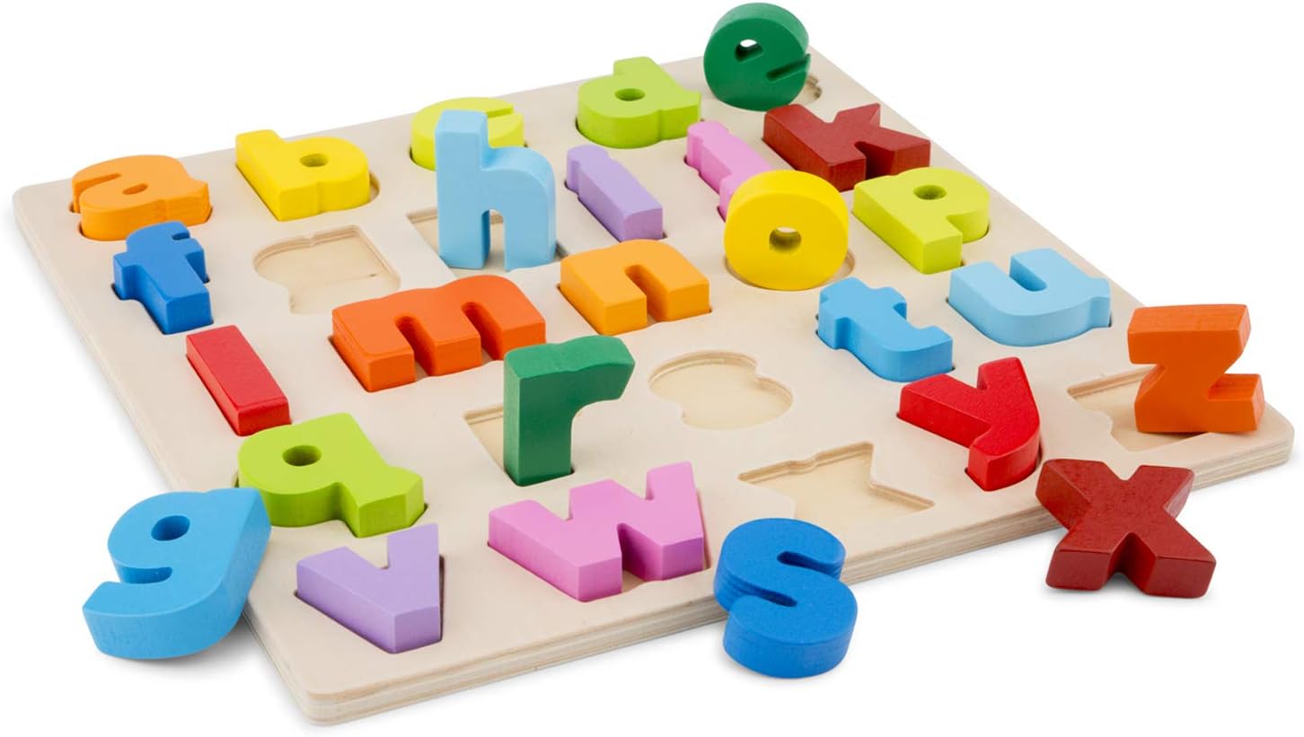 New Classic Toys Wooden Puzzle Alphabet (Lowercase) Educational Wooden Toys for 2 Year Old Boy and Girl Toddlers Gift Peg Puzzle - Lowercase, Multi-colour Colour,10535