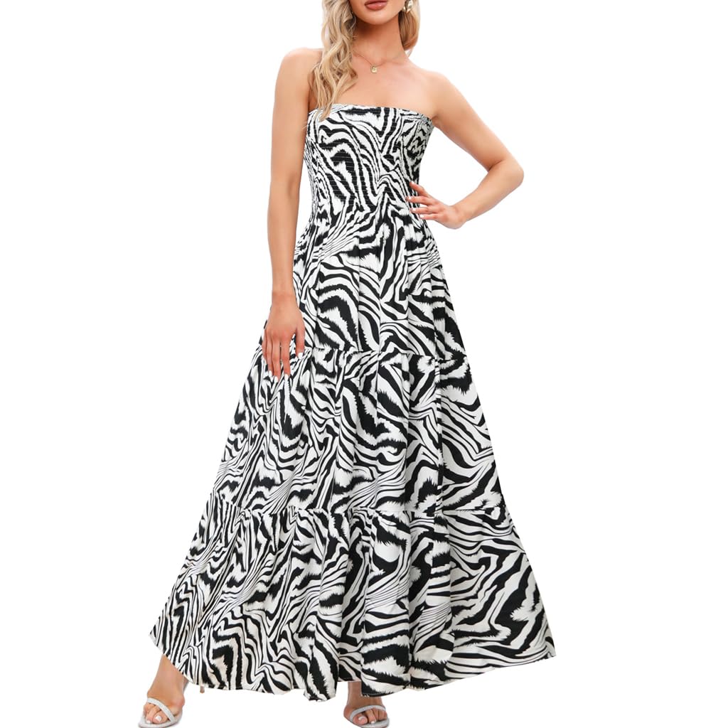Women's Casual Off Shoulder Maxi Dress Strapless Tube Top Bohemian Beach Long Dresses 092