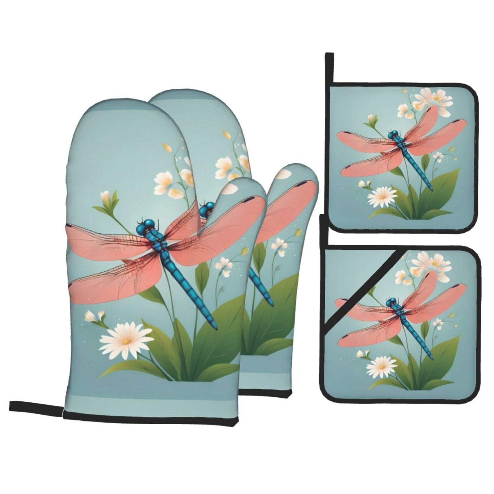 HJFCZH Dragonfly Flower Picture Kitchen Baking Set of 4 Thick Insulated Oven Mitt & Pot Holders, Anti-Scalding for Microwave, Oven, Outdoor BBQ
