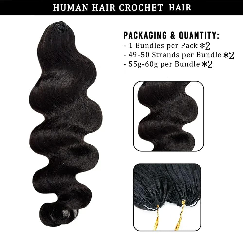 YGWIGS Crochet Human Hair for Black Women 120g(100 strands) Body Wave Feather Crochet Hair Extensions Invisible Miracle Knots Crochet Human Hair Bundles 18inch Natural Black