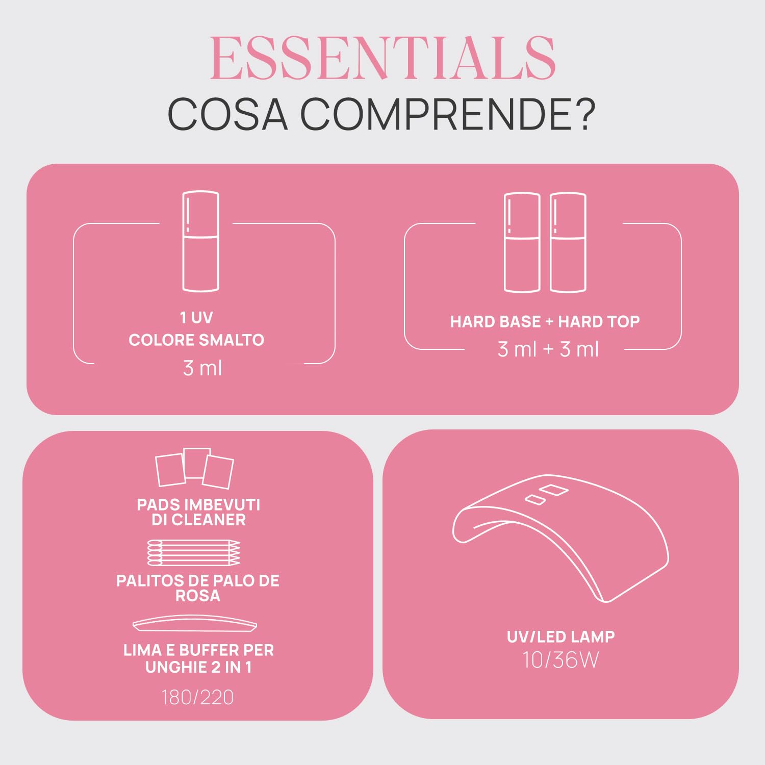 NÉONAIL Essentials Starter Set - Smalto Semipermanente Unghie - Kit Semipermanente Unghie - Gel Unghie - Kit Unghie - Smalto Unghie - Set Unghie - Base e Top Coat - Lampada UV 10W/36 - Smalti