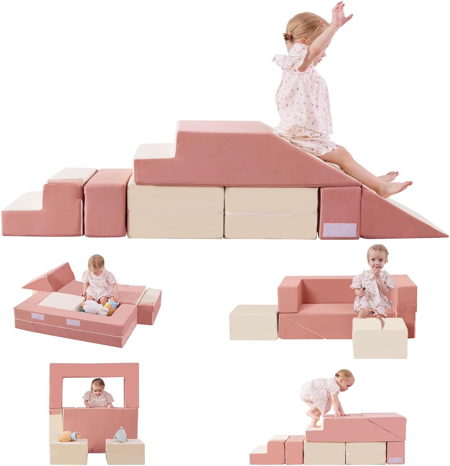 Toddler Foam Climbing Blocks|Modular Kids Soft Play Couch Sofa with 2 Ottomans Indoor,Baby Crawling & Sliding Foldable Soft Play Set with Stair,Beige & Pink