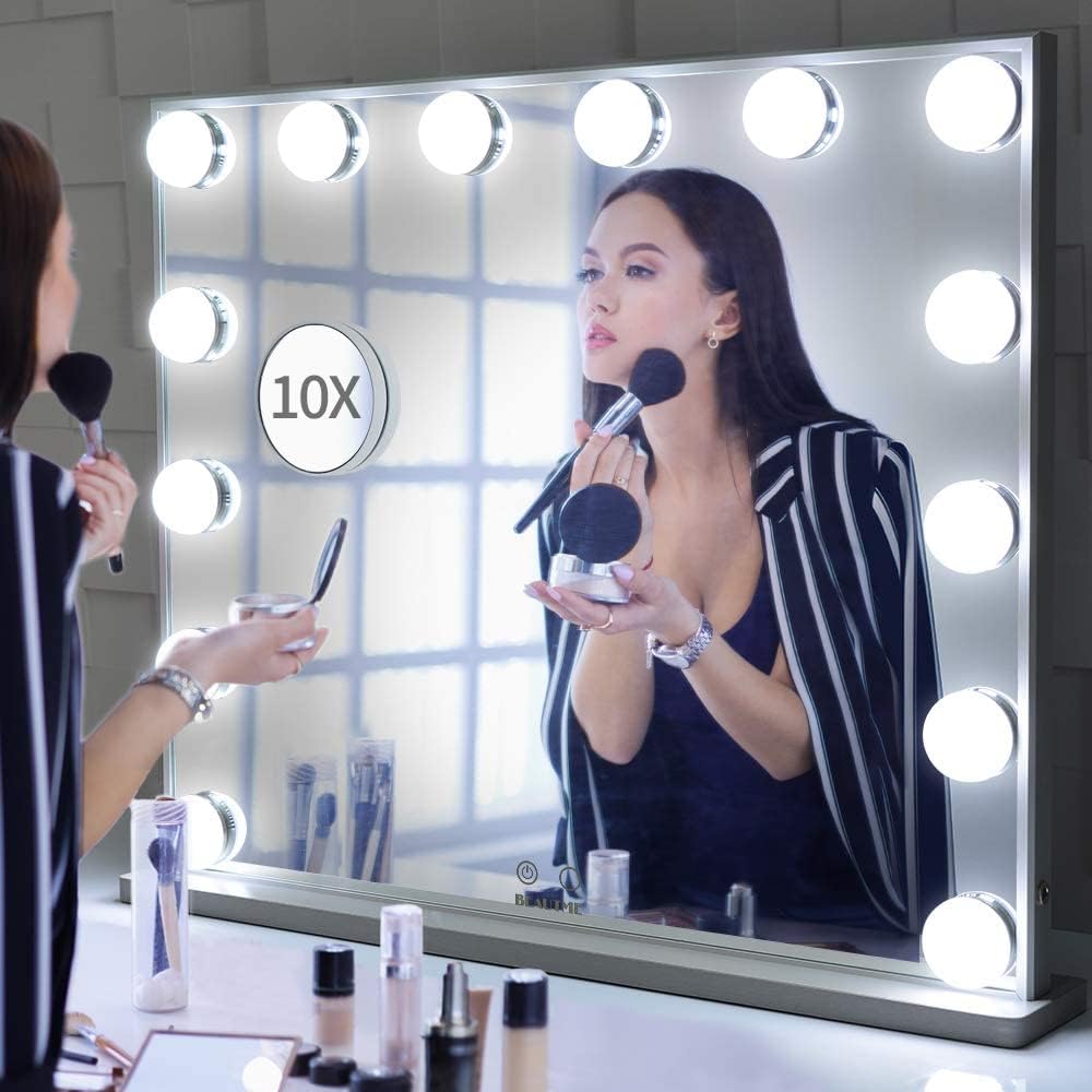 BEAUTME Hollywood Vanity Mirror with Lights, Lighted Makeup Dressing Tabletop or Wall Mounted Beauty Mirrors with Dimmer,14pcs Led Bulbs and Detachable 10X Magnification Spot Cosmetic Mirror Included