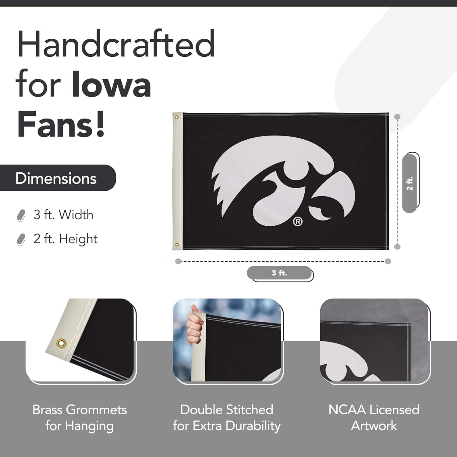Iowa Hawkeyes College Sports Printed Flag - NCAA Licensed - Nylon - School Banner (Black, White) (2' x 3') - Image 3