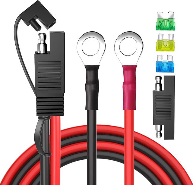 Cleqee SAE Connector Extension Charging Cable, SAE to Dual O Ring Termial Harness 10AWG Wire with 15A/20A/30A Fuses, Motorcycle Battery Charger 1M Wire for Cars, Motorcycles, Tractors