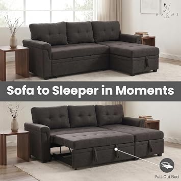 Naomi Home 84 L-Shaped Sectional Sleeper Sofa with Pull Out Bed | Sleeps guests comfortably, stores essentials in chaise & saves space, Velvet, Espresso convertible sofa bed