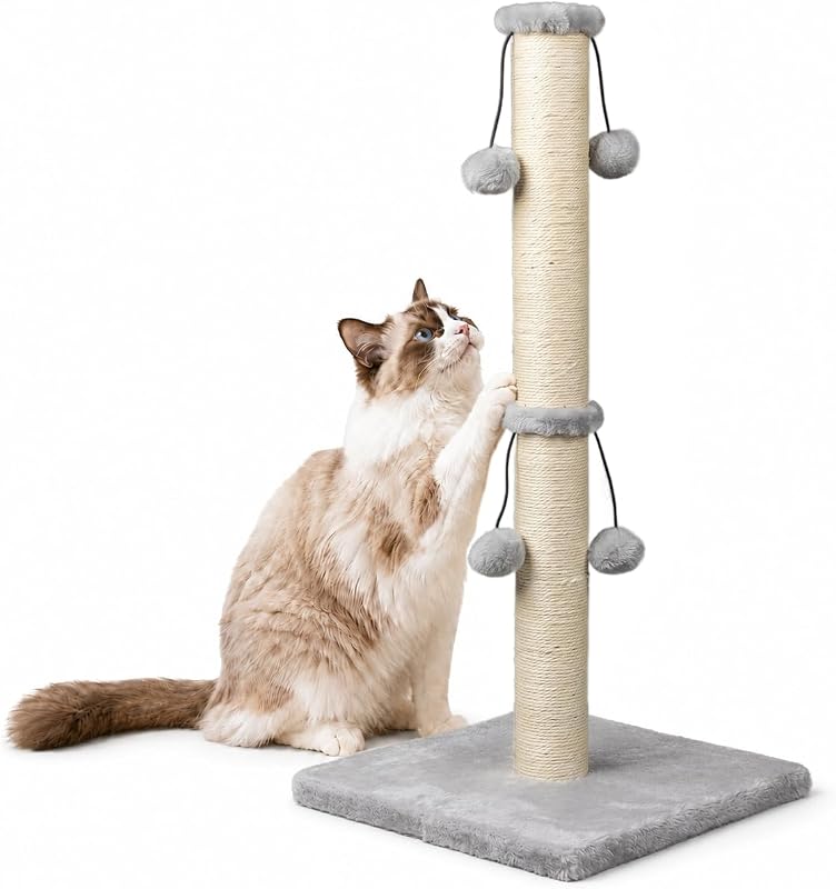 29'' Cat Scratching Post, Natural Sisal Rope Scratcher Post, Kitten Claw Scratch with 4 DanglingToy Balls for Large Cats (Grey)