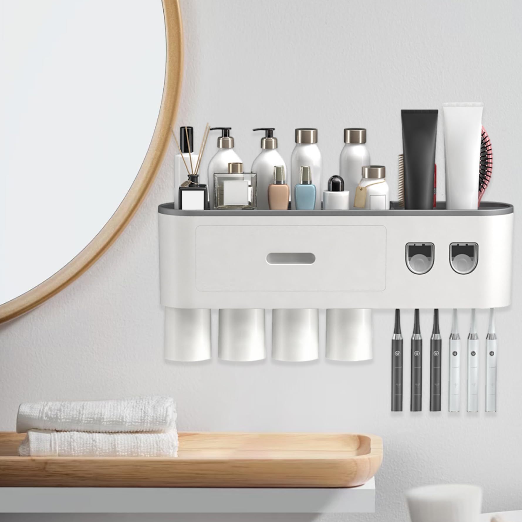 Soporte para cepillos de Dientes montado en la Pared, dispensador automático de Pasta de Dientes con 4 Tazas magnéticas, 6 Ranuras para cepillos, Bandeja de Almacenamiento y cajón para organizació