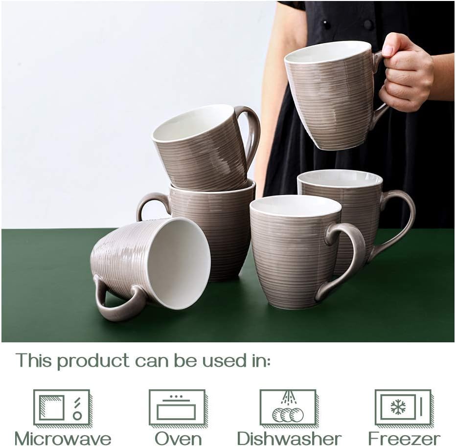 DOWAN Coffee Mugs, 17 Oz Coffee Mug Set of 6, Corrugated Tea Mugs (Brown)