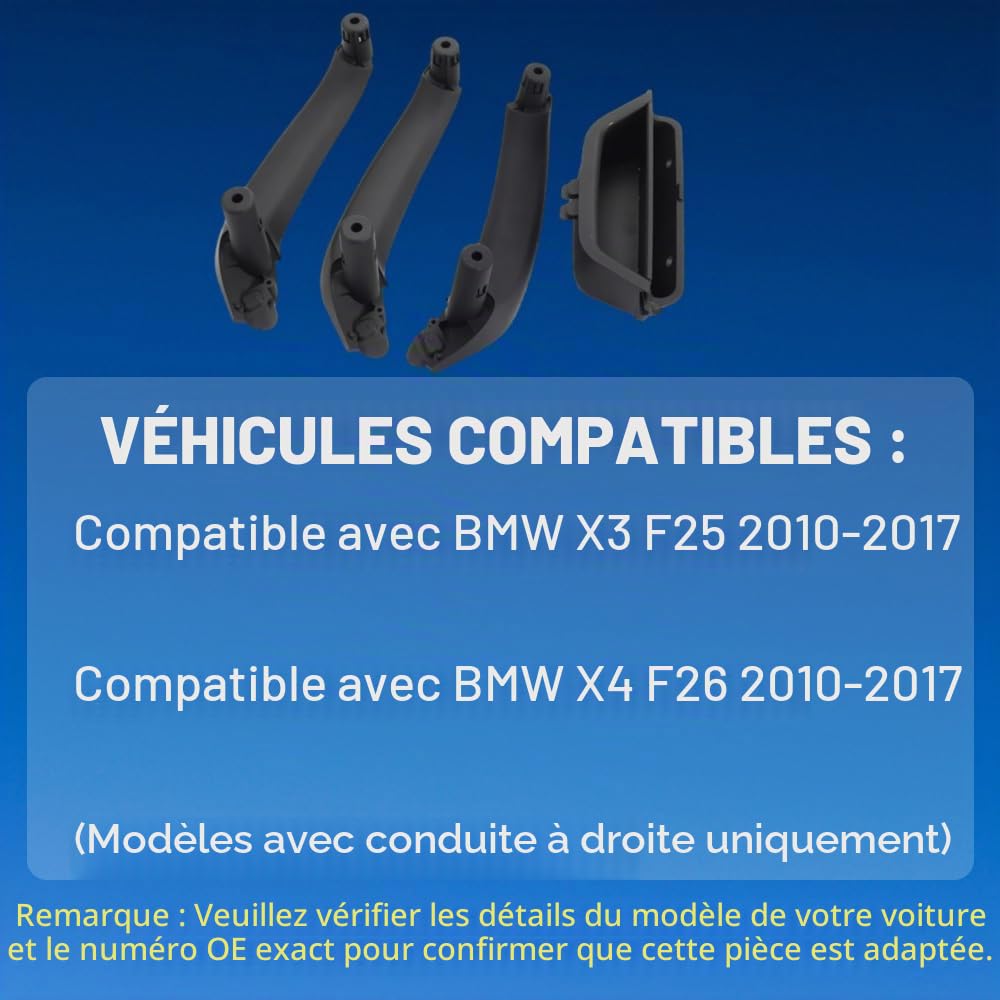 Poignée de porte intérieure de voiture de rechange compatible avec BMW X3 F25 X4 F26 2010-2017 51417250307 51419209216 51419209215 modèles d'entraînement à poignée droite