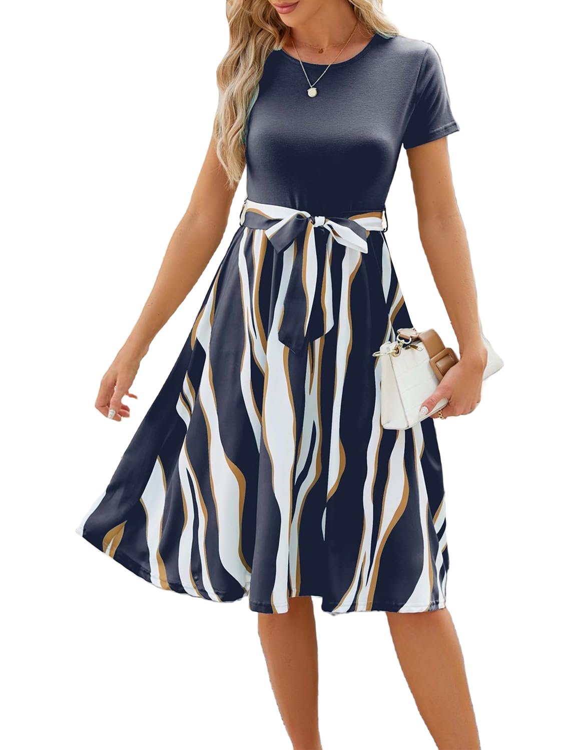 JENJON Mujer Vestido Estampado Manga Corta Cuello Redondo Verano Elegante Suelto Casual Vestidos con Cinturón