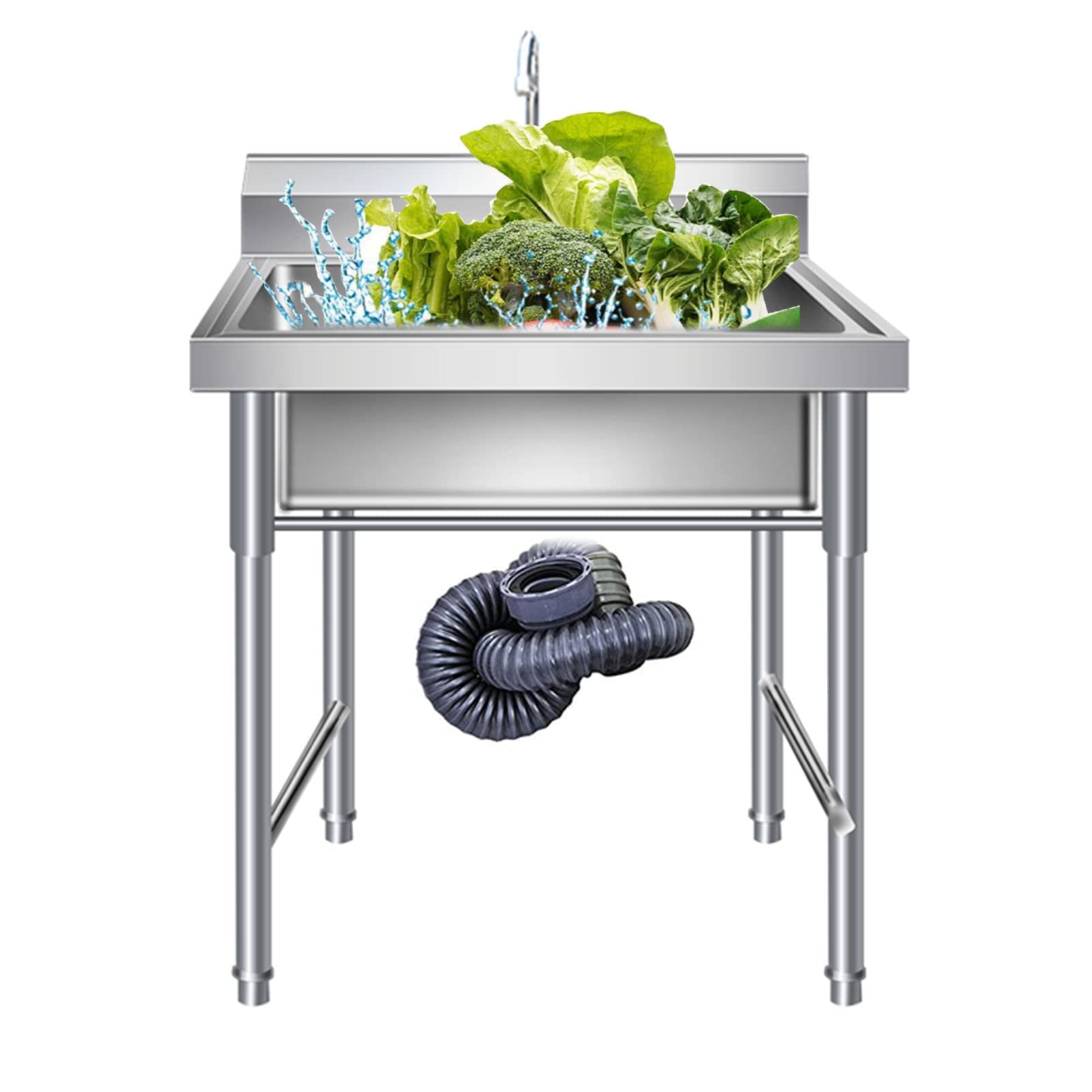 OWOHYG Commercial Stainless Steel Utility Sink Single Bowl Freestanding With Faucet For Outdoor Laundry Bar Restaurant Catering Durable* Easy To Clean.60cm