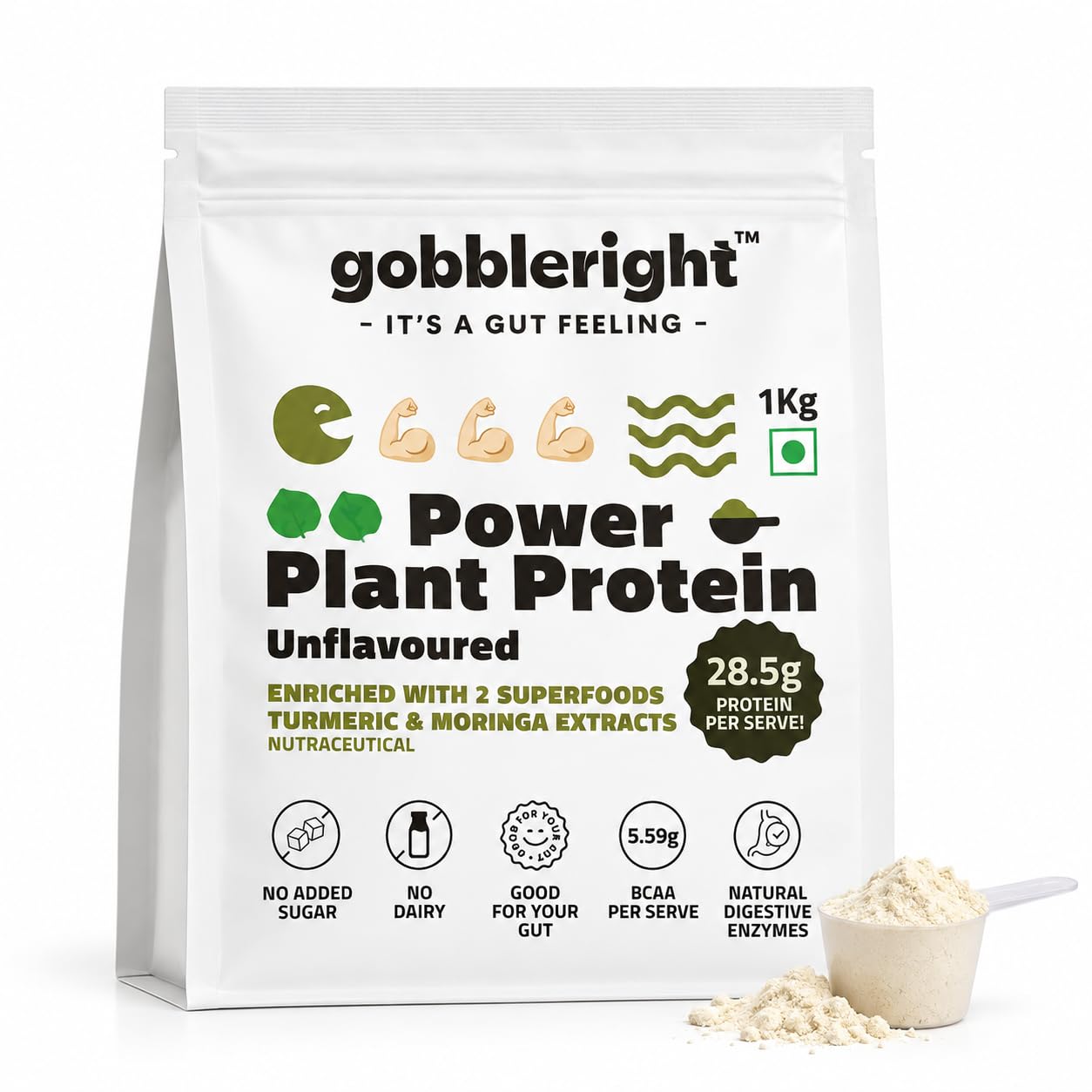 GOBBLERIGHT Plant Protein Powder Chocolate (1kg)-28.5g Protein & 4.91g BCAA Per Serve|Isolate & Concentrate Pea Rice Powder with Turmeric & Moringa Extracts|No Added Sugar|Gut Friendly — Amazon image 10