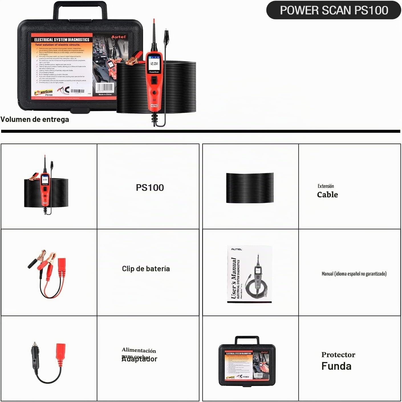 Autel PowerScan PS100 Kit Sonda Circuito, Herramienta Diagnóstico Sistema Eléctrico 12V 24V,Lectura Resistencia Corriente CA/CC, Activación Componente,Prueba Corto/Tierra/Continuidad/Remolque,6M Cable