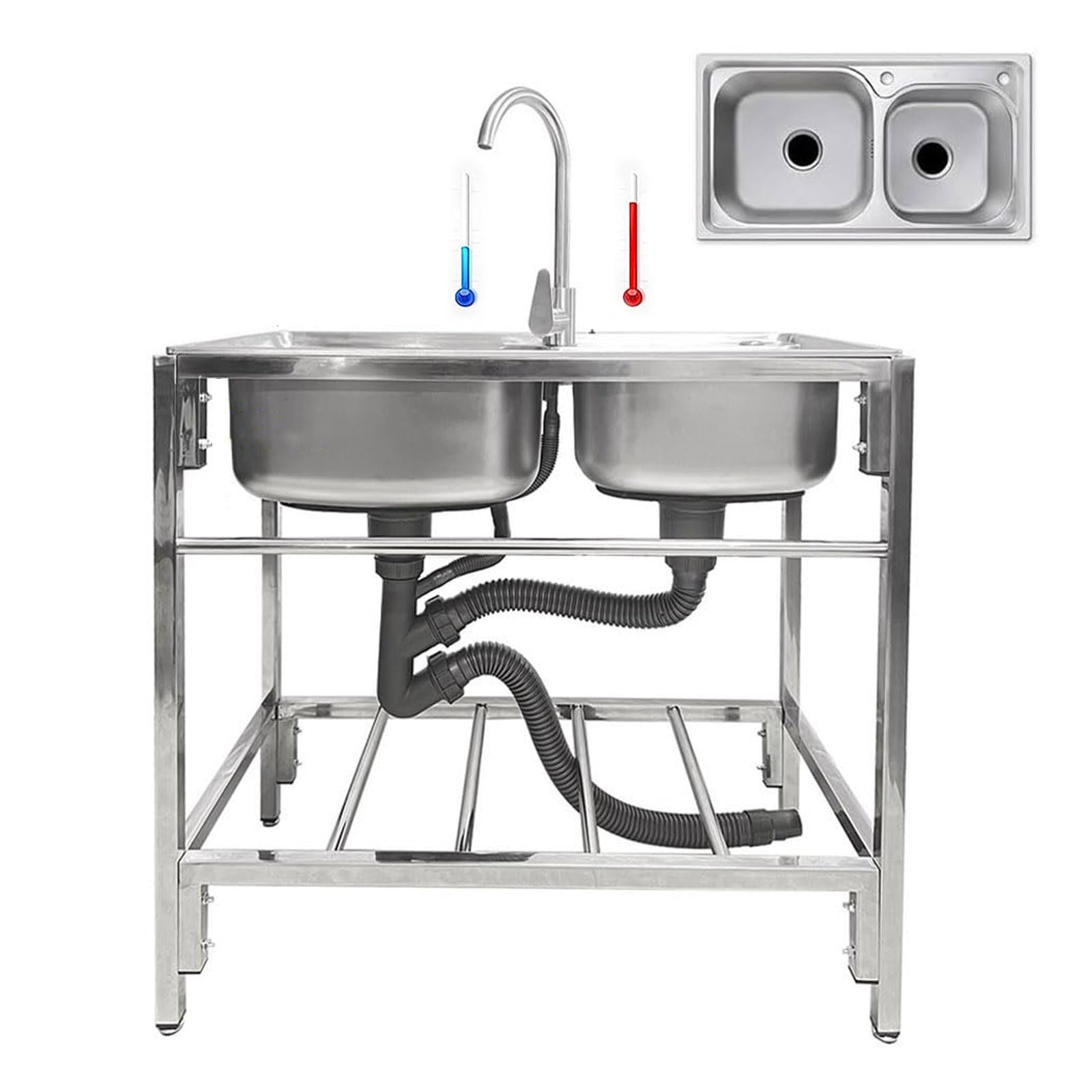 Évier Portable Mobile autoportant en Acier Inoxydable, Ensemble de Jardin extérieur avec étagère de Rangement, Double cuve, bac à lessive et Robinet d'eau Chaude et Froide pour res