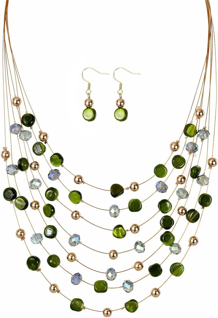 Perla Multi-Layer Boho Shell Beaded Necklace for Women, Colorful Shell Glass Strand with Gold/Silver Beads Statement Collars Necklace and Earrings, Costumes Jewelry Sets for Women