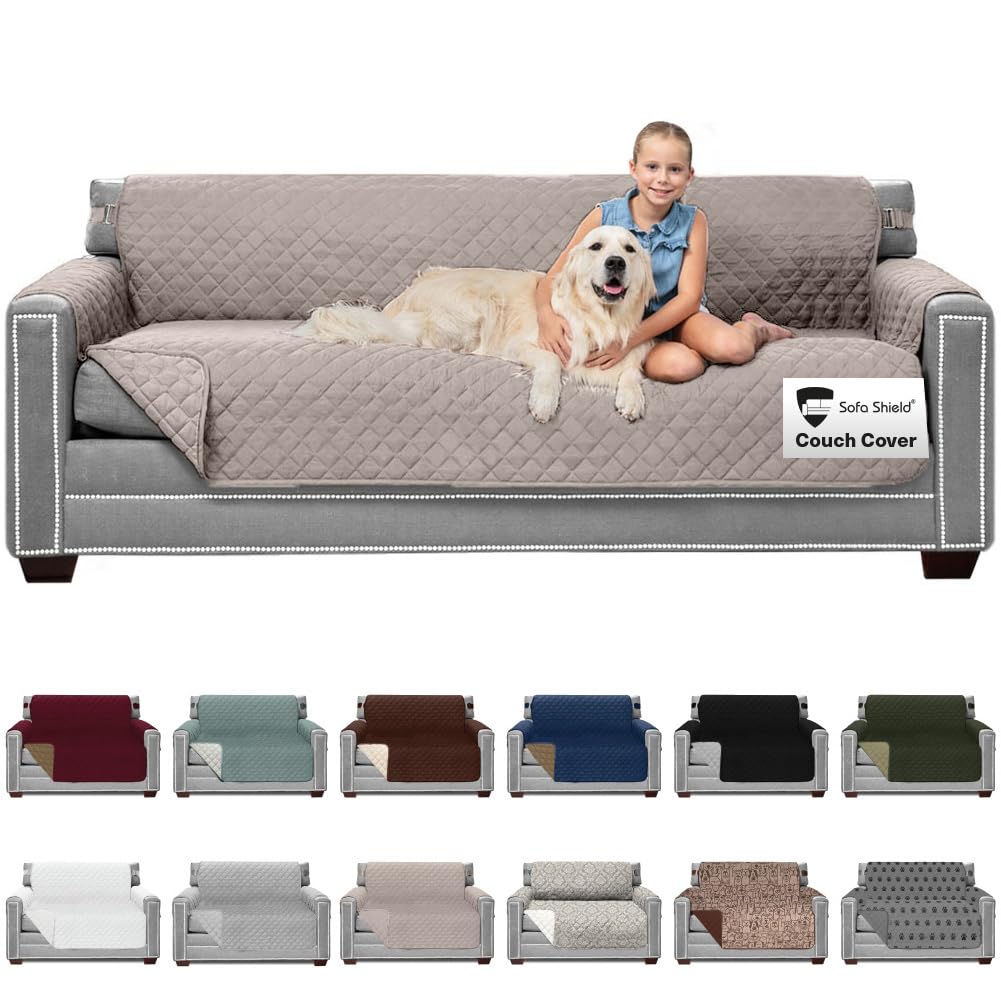 Sofa Shield Patented Couch Slip Cover, Large Cushion Protector, Reversible Stain and Dog Tear Resistant Slipcover, Quilted Microfiber 78” Seat, Washable Covers for Dogs Pets Kids, Light Taupe