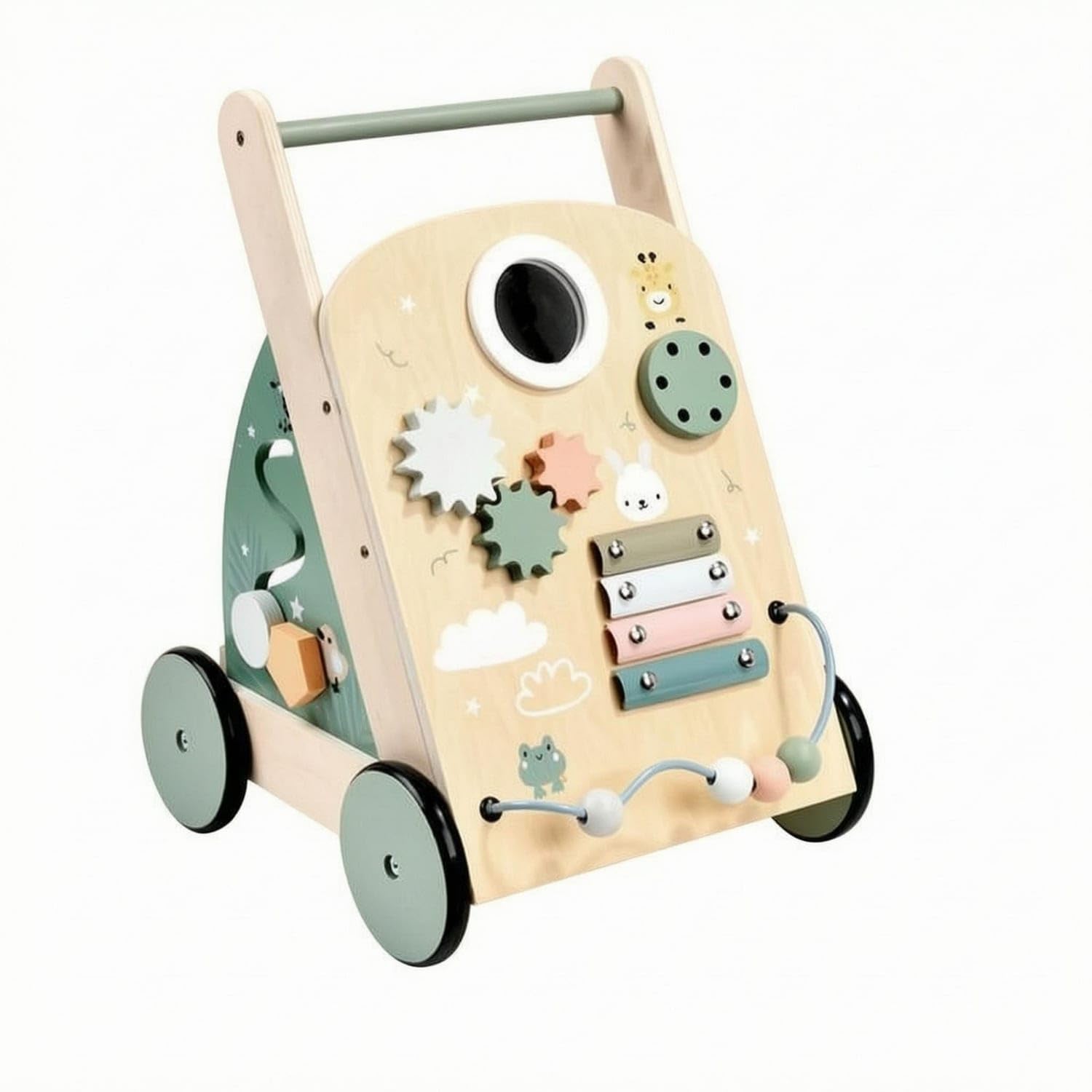 Bnf Multi-Function Wooden Baby Push Stroller Educational Activity Stroller Toy Interactive Toddler Learning Vehicle Develops Movement Skills for Toddlers, Babies, Walking Practice, Green Walker-image-28