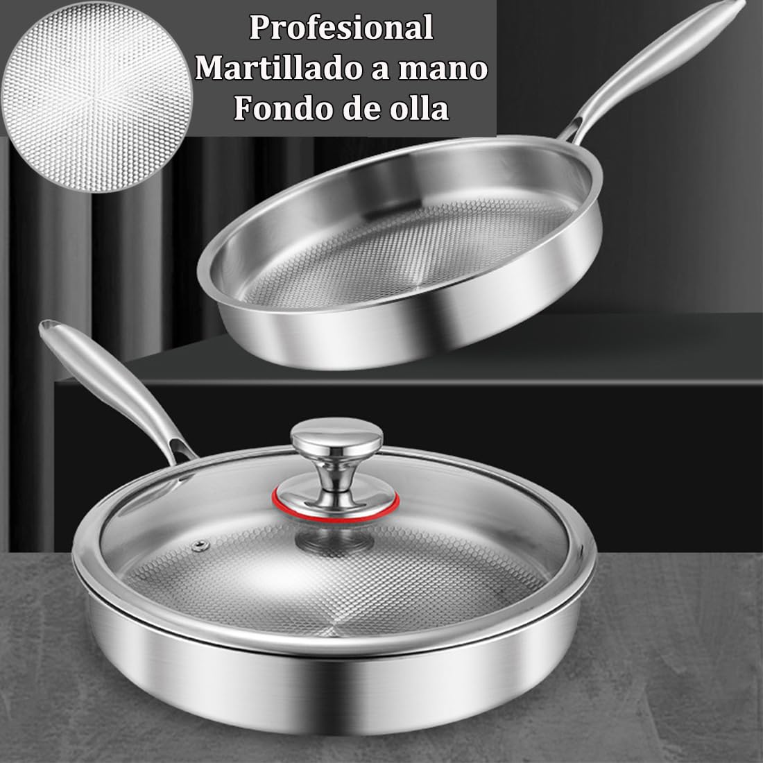 Sartén de Titanio Antiadherente Mireve, Sarten Mireve Acero 304, Sarten Titanio Puro, Resistente, Antiadherente, Apta Para Lavavajillas, Incluye Tapa Y Compatible Con Todas Las Placas (Sin tapa,24 cm)
