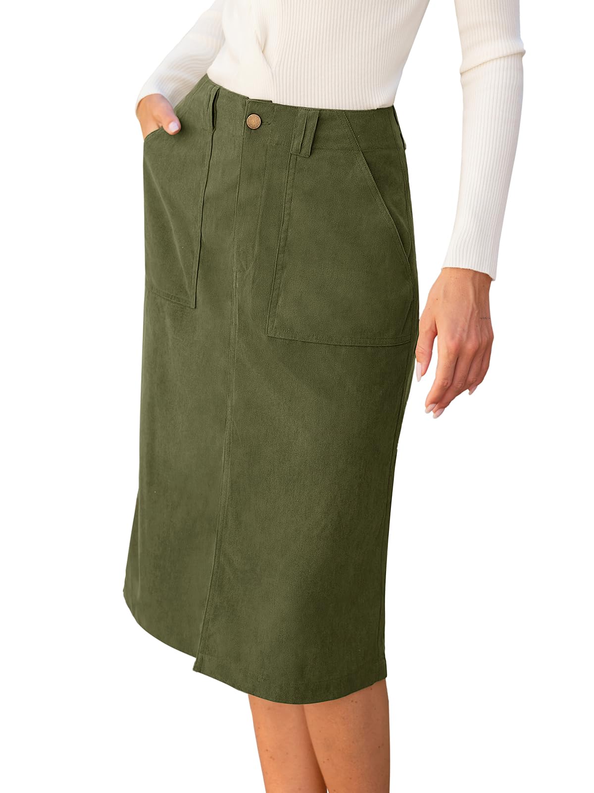 CUPSHE Womens Corduroy Midi Skirts High Waisted Pencil Skirts with Slit Slim Fit Skirt with Pockets